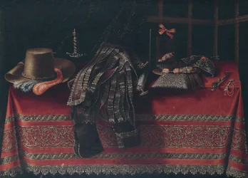 Still Life with Clothes, Weapons, and a Mirror on a Red Embroidered Tablecloth